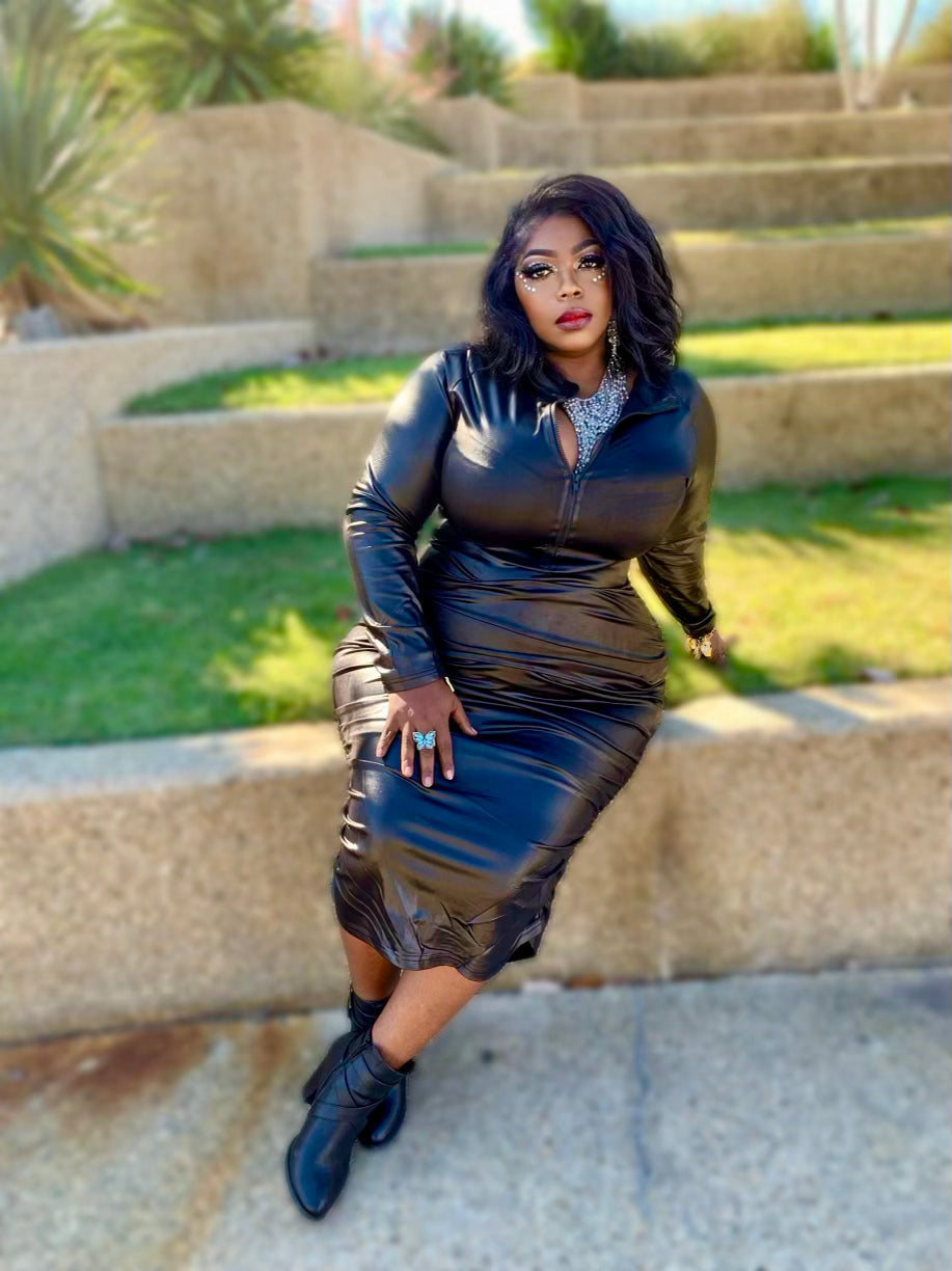 PLUS SIZE RUCHED FAUX-LEATHER DRESS