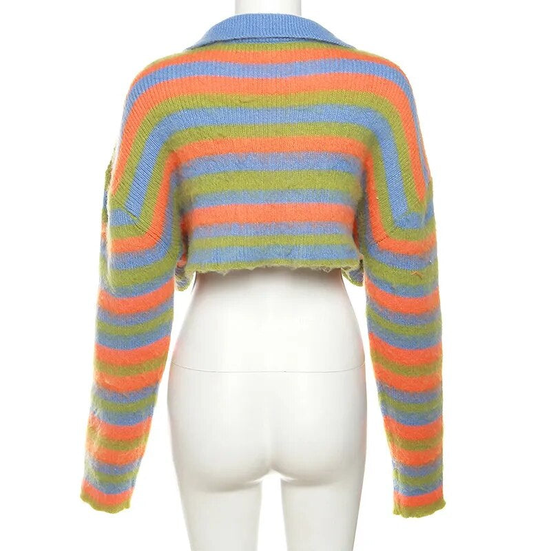 Multicolored Crop Stripe Knit Cardigan