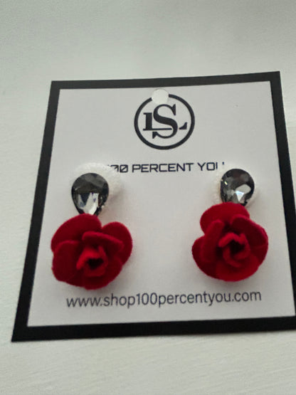 Red Rose Crystal Water Drop Flower Stud Earrings