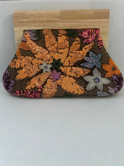 Vintage Floral Sequin Bamboo Small Clutch