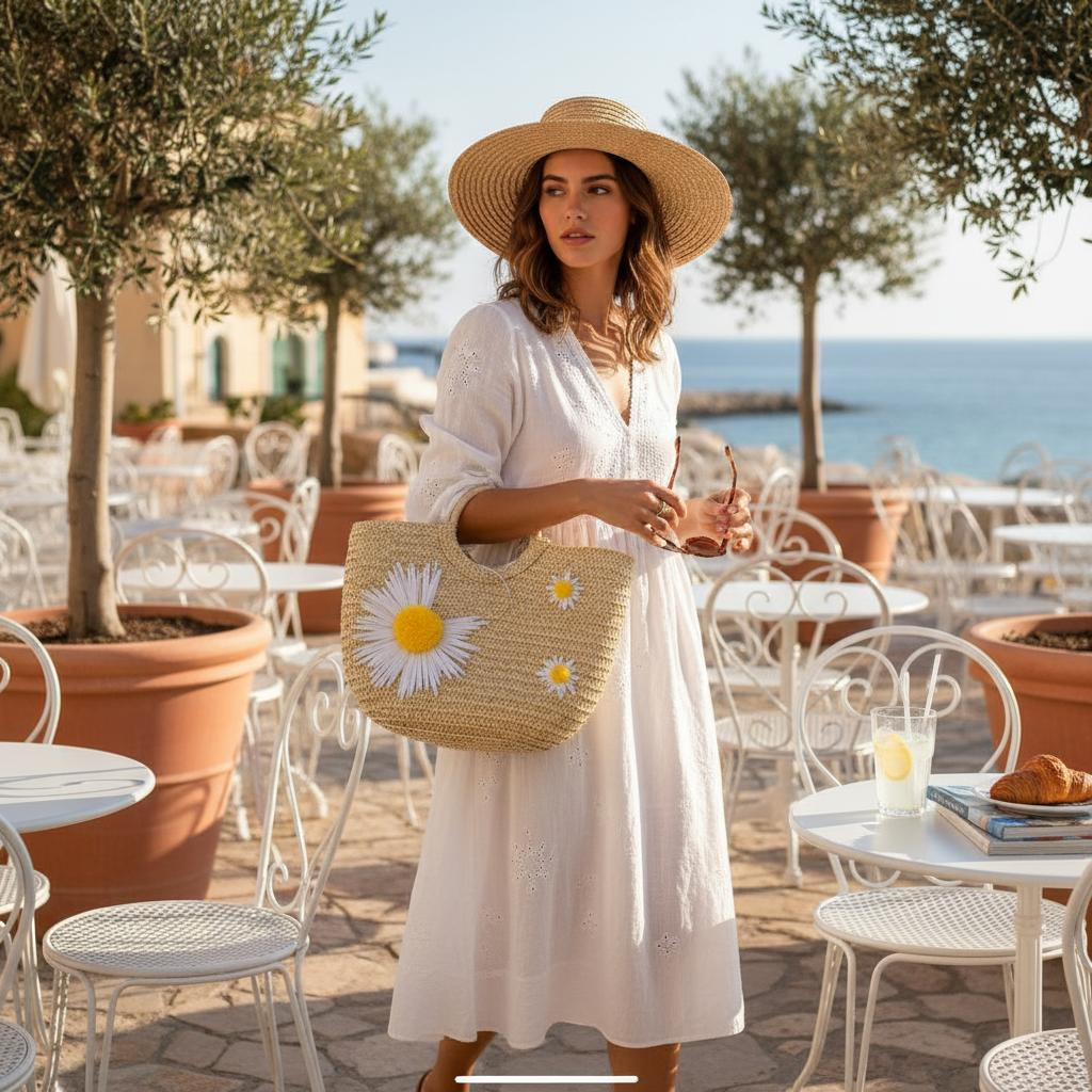 Little Daisy Straw Wooden Ring Handbag