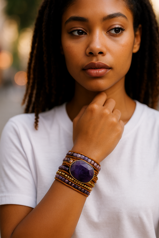 Handmade Bohemian Style “Purple Amethyst” Stone Wrap Bracelet – Crown Chakra
