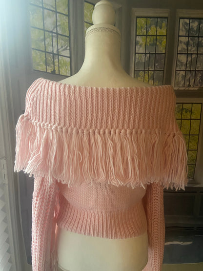 Pink Fringe Boho Off Shoulder Knit Sweater - LS 100 Percent You