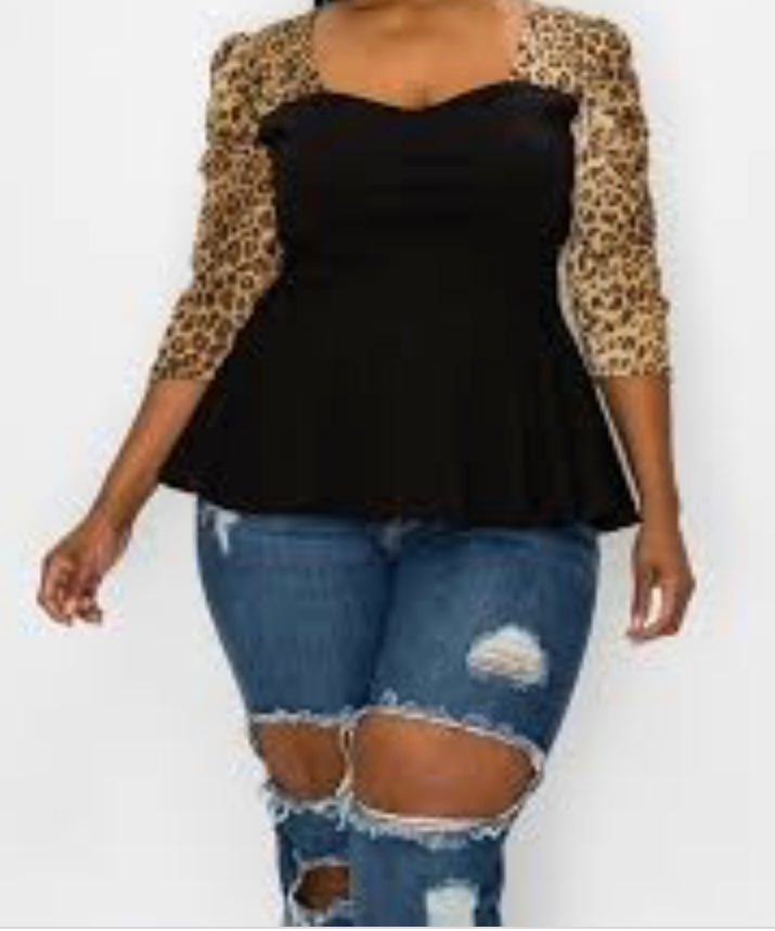 Plus Size Pleated Sleeve Leopard  top - LS 100 Percent You