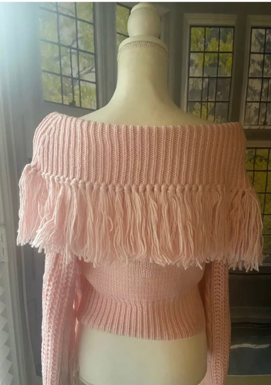 Off Shoulder Fringe Sweater Off Shoulder Weater LS 100 Percent