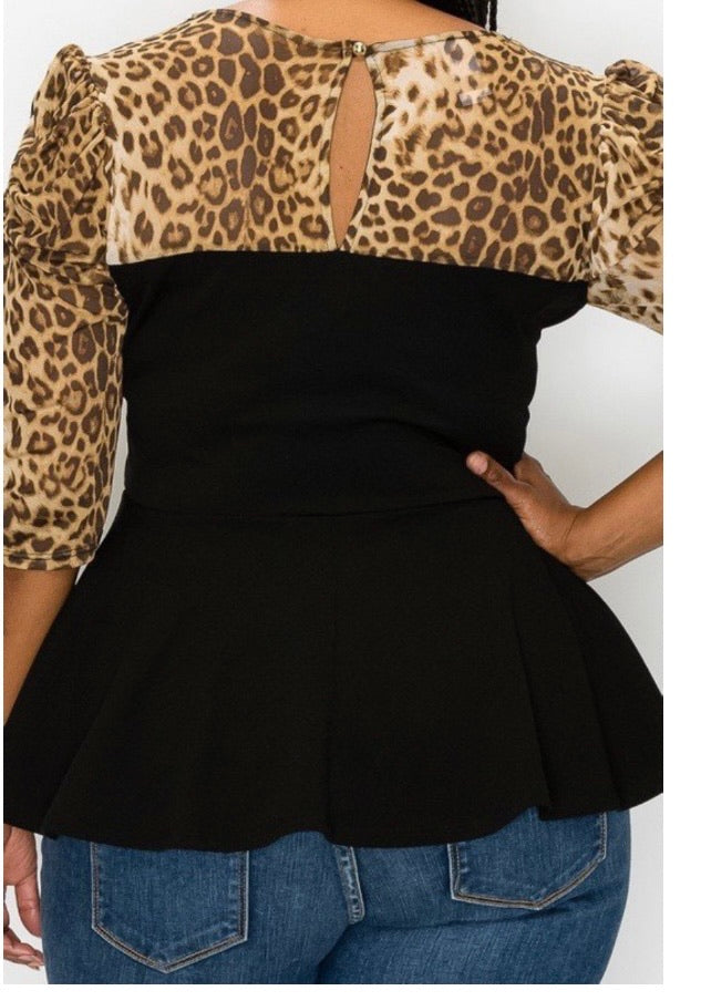 Plus Size Pleated Sleeve Leopard  top - LS 100 Percent You