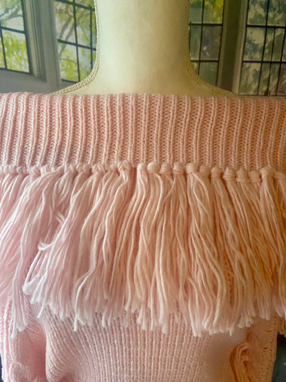 Pink Fringe Boho Off Shoulder Knit Sweater - LS 100 Percent You