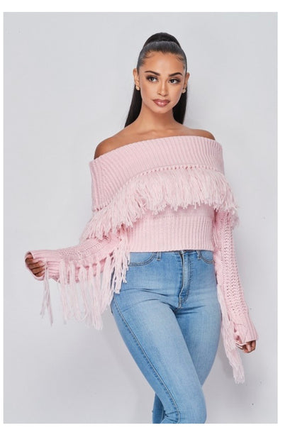 Pink Fringe Boho Off Shoulder Knit Sweater - LS 100 Percent You