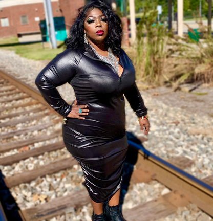 PLUS SIZE RUCHED FAUX-LEATHER DRESS - LS 100 Percent You
